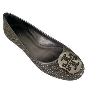 Tory Burch Lurex Straw Reva Ballet Flat Silver Pewter Metallic Round Toe Logo 9